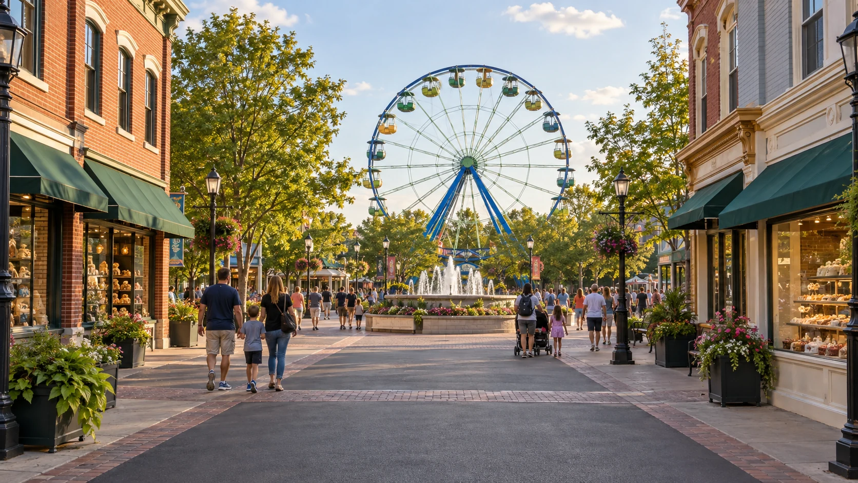 Families strolling Genesee Street toward the Valley Wheel