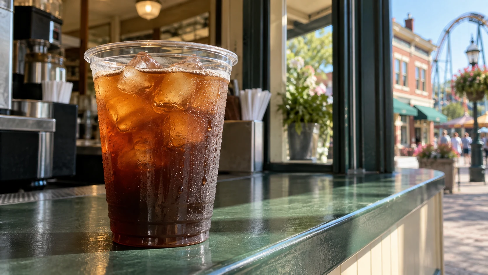 A clear cup of iced coffee at a Genesee Street counter