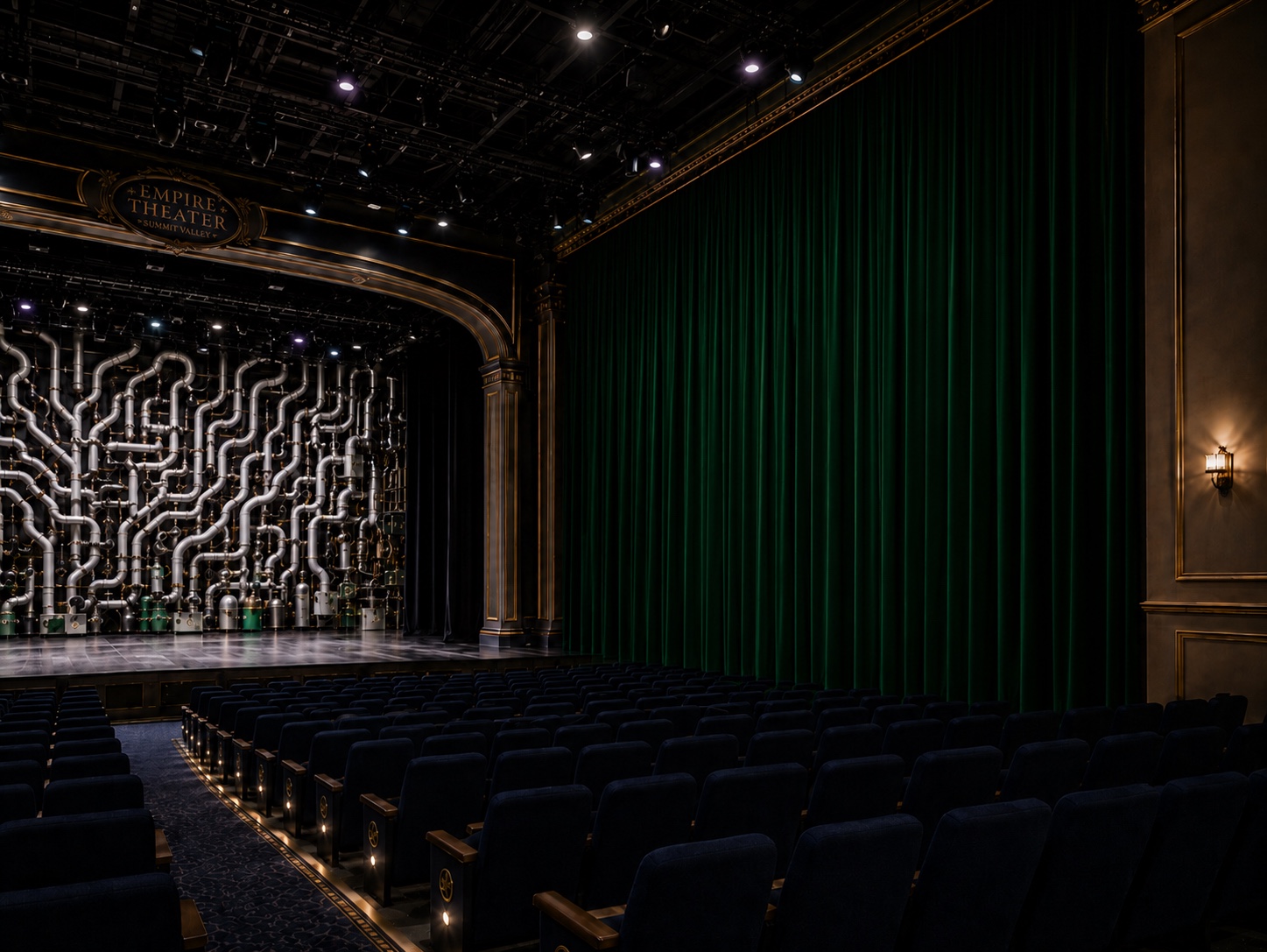 Navy seats and the percussion stage inside Empire Theater