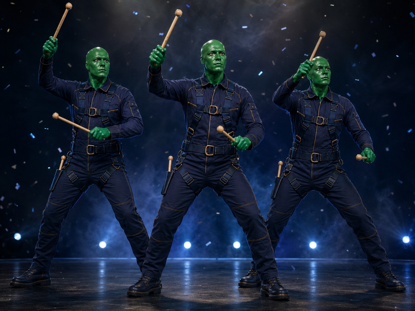 The three Green Guy Gang performers on stage at Empire Theater