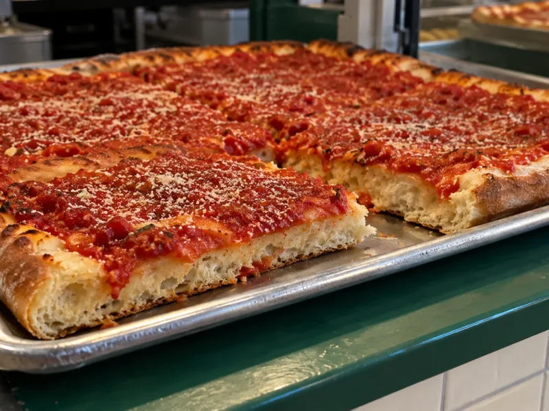Rectangular Utica-style tomato pie topped with sauce and romano