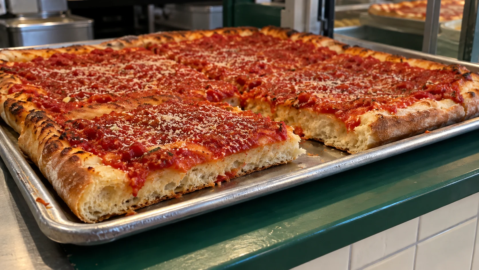 Rectangular Utica-style tomato pie topped with sauce and romano
