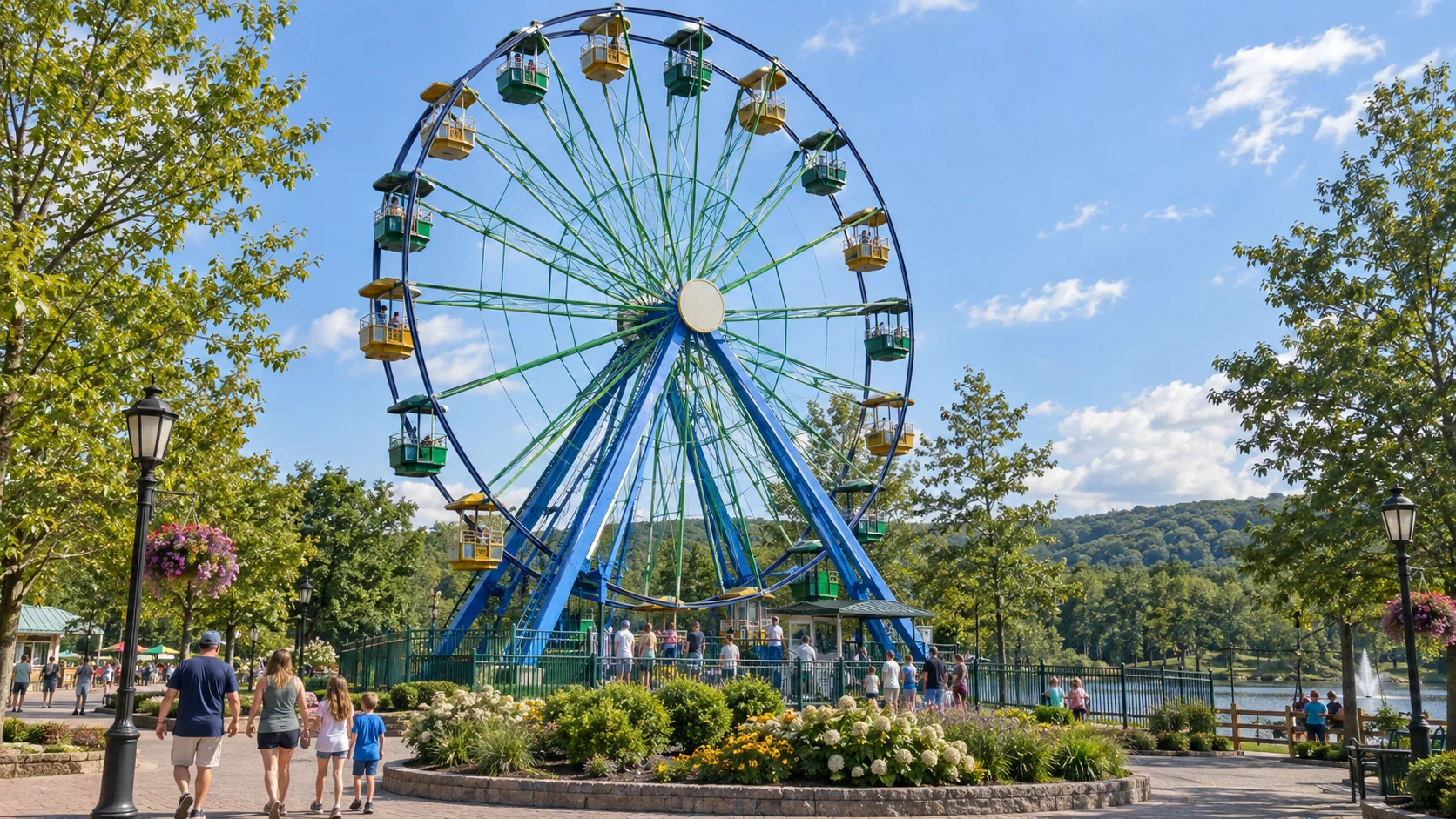 The blue, green, and gold Valley Wheel beside the park pond