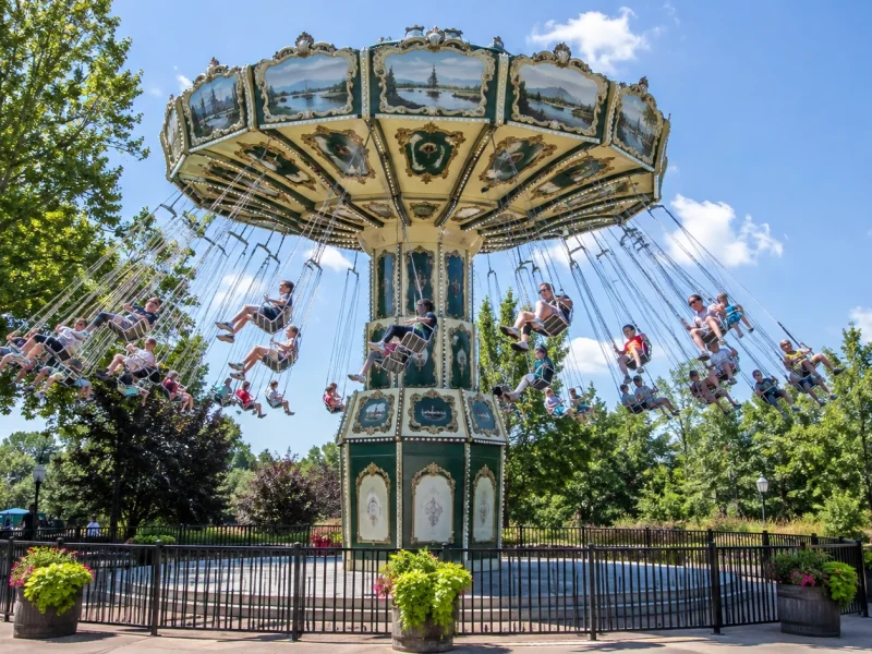 Guests swinging among the trees on the Wave Swinger
